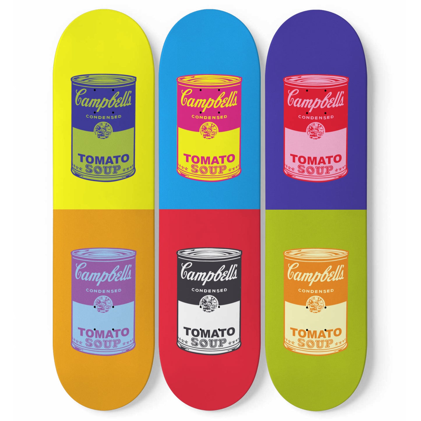 Andy Warhol Inspired - Campbell Soup | Colorful Cans - 3-piece Skateboard Wall Art | Aesthetic Vintage Style Wall Art | Inspired Art