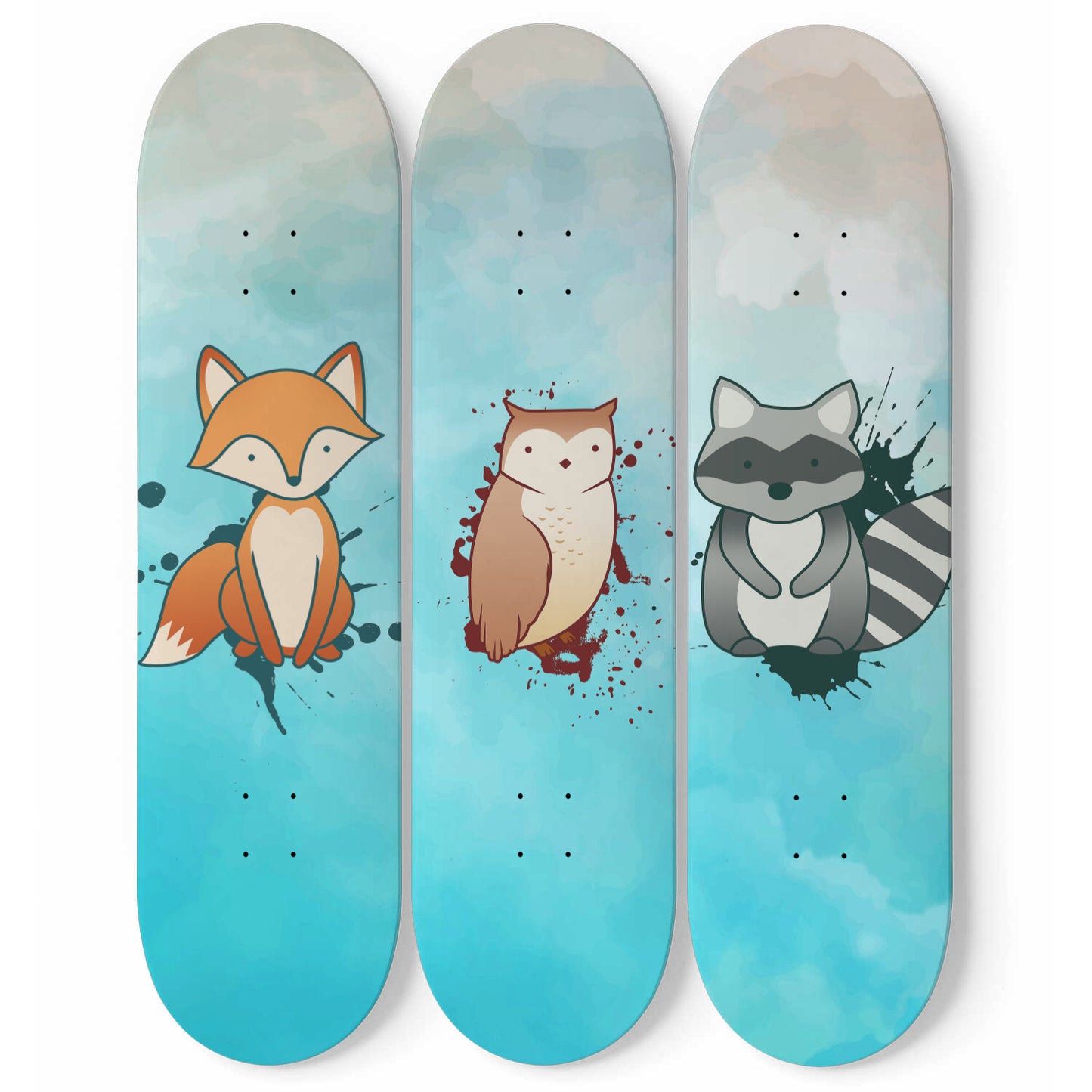 Woodland Animals - Fox, Owl & Raccoon | Nursery Wall Art | 3 Piece Skateboard Wall Art, Deck Art | Wall Hanging Decor | Custom Printed Wall Art