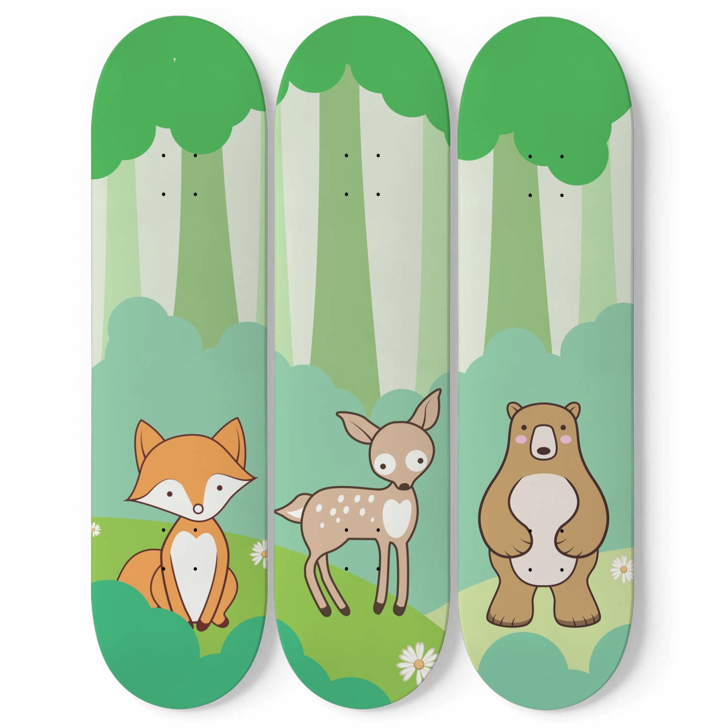 Woodland Animals - Fox, Deer & Bear | Nursery Wall Art | 3 Piece Skateboard Wall Art, Deck Art | Wall Hanging Decor | Custom Printed Wall Art