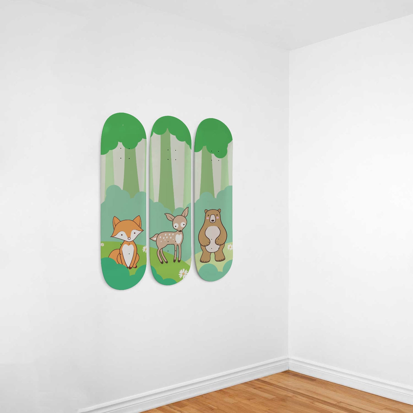 Woodland Animals - Fox, Deer & Bear | Nursery Wall Art | 3 Piece Skateboard Wall Art, Deck Art | Wall Hanging Decor | Custom Printed Wall Art