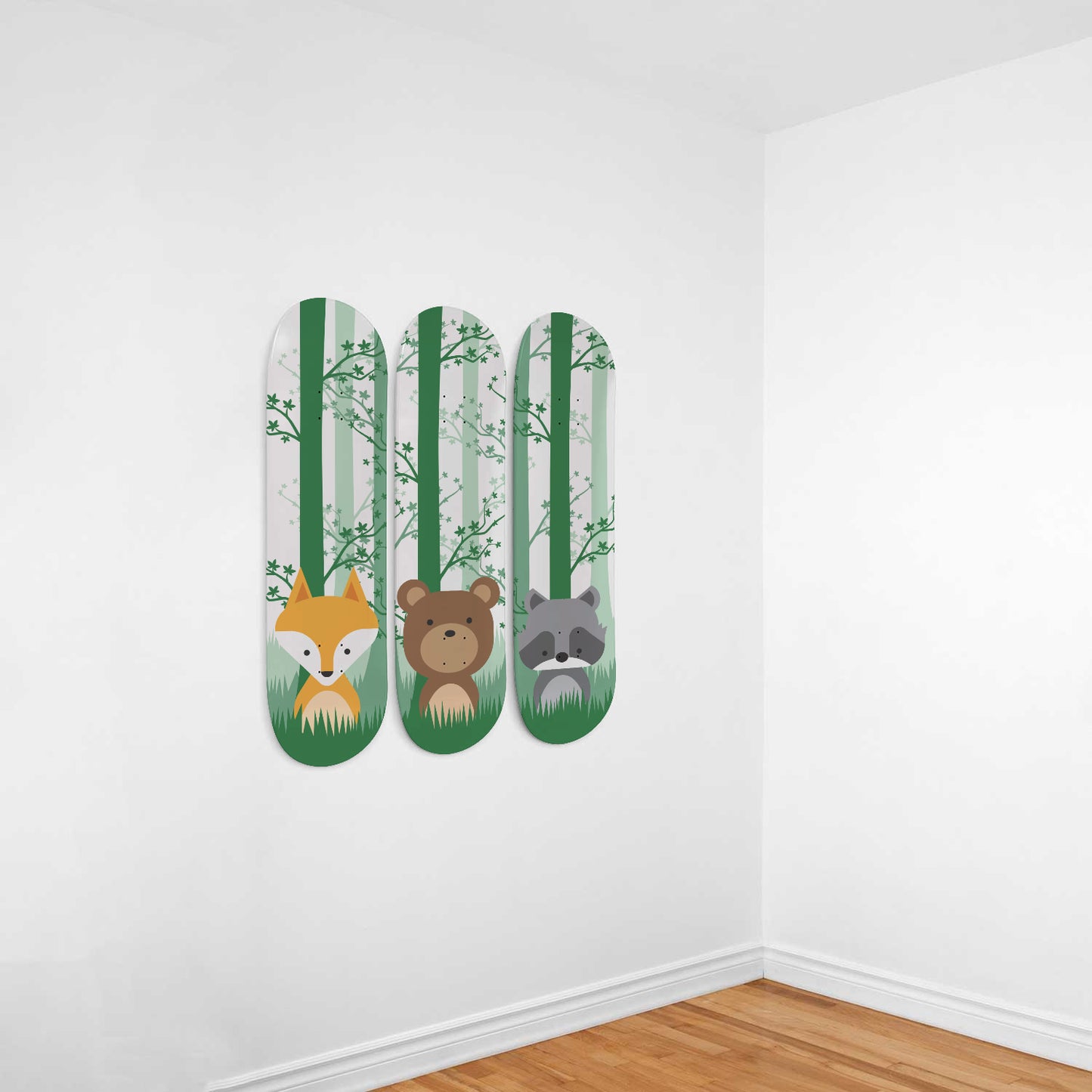 Woodland Animals - Fox, Bear & Raccoon | Nursery Wall Art | 3 Piece Skateboard Wall Art, Deck Art | Wall Hanging Decor | Custom Printed Wall Art