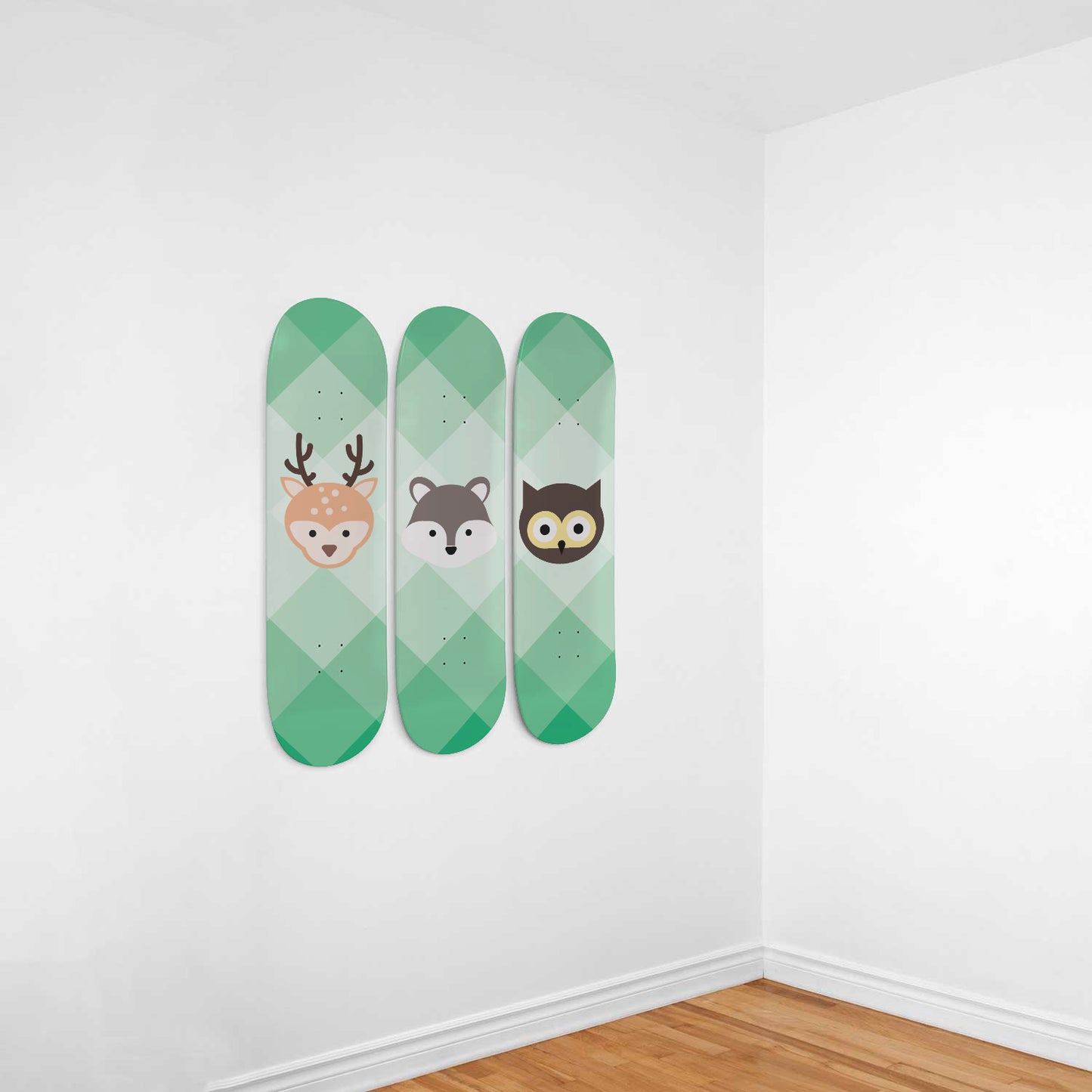 Woodland Animals - Deer, Squirrel & Owl | Nursery Wall Art | 3 Piece Skateboard Wall Art, Deck Art | Wall Hanging Decor | Custom Printed Wall Art