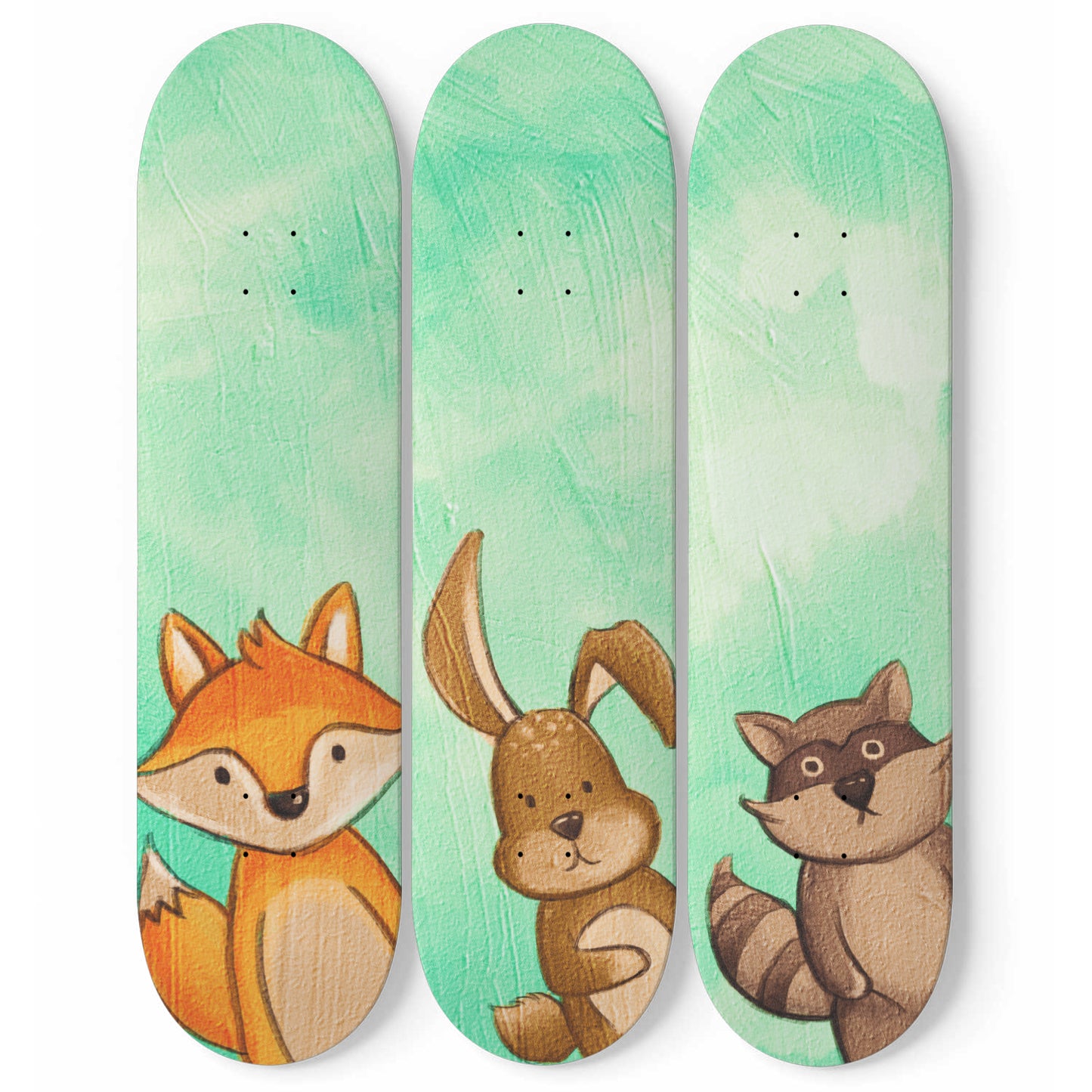 Woodland Animals - Fox, Bunny & Raccoon | Nursery Wall Art | 3 Piece Skateboard Wall Art, Deck Art | Wall Hanging Decor | Custom Printed Wall Art