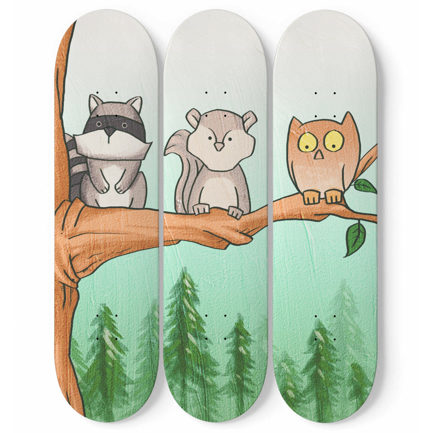 Woodland Animals - Raccoon, Squirrel & Owl | Nursery Wall Art | 3 Piece Skateboard Wall Art, Deck Art | Wall Hanging Decor | Custom Printed Wall Art