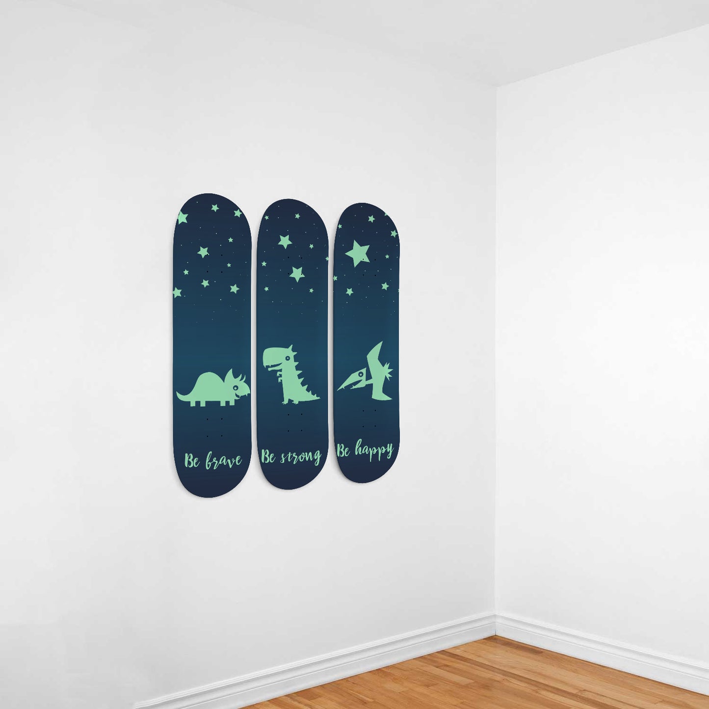 Neon Green Dinos - Be Brave, Be Strong & Be Happy | Nursery Wall Art | 3 Piece Skateboard Wall Art, Deck Art | Wall Hanging Decor | Custom Printed Wall Art