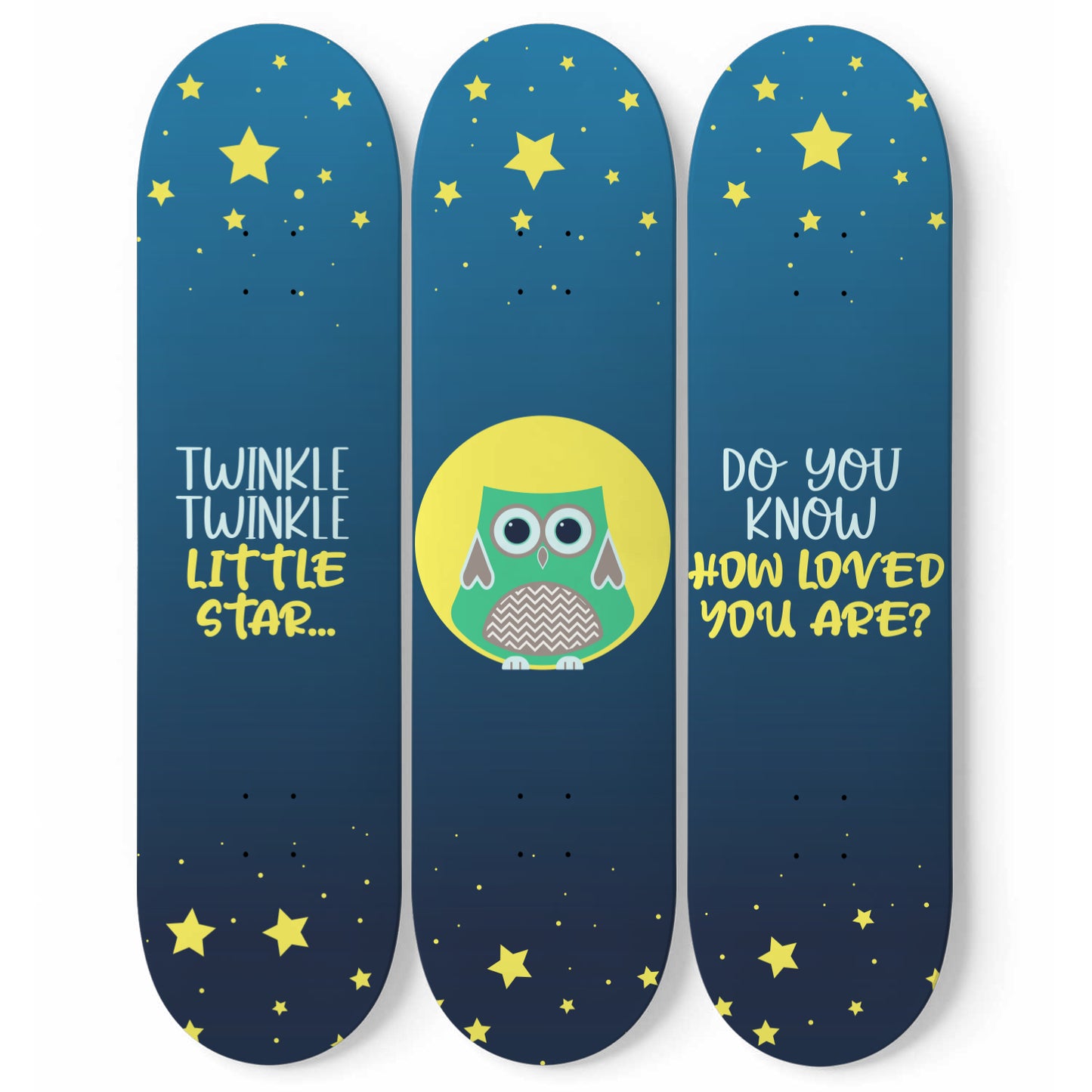 Midnight Owl - Twinkle Twinkle Little Star | Nursery Wall Art | 3 Piece Skateboard Wall Art, Deck Art | Wall Hanging Decor | Custom Printed Wall Art
