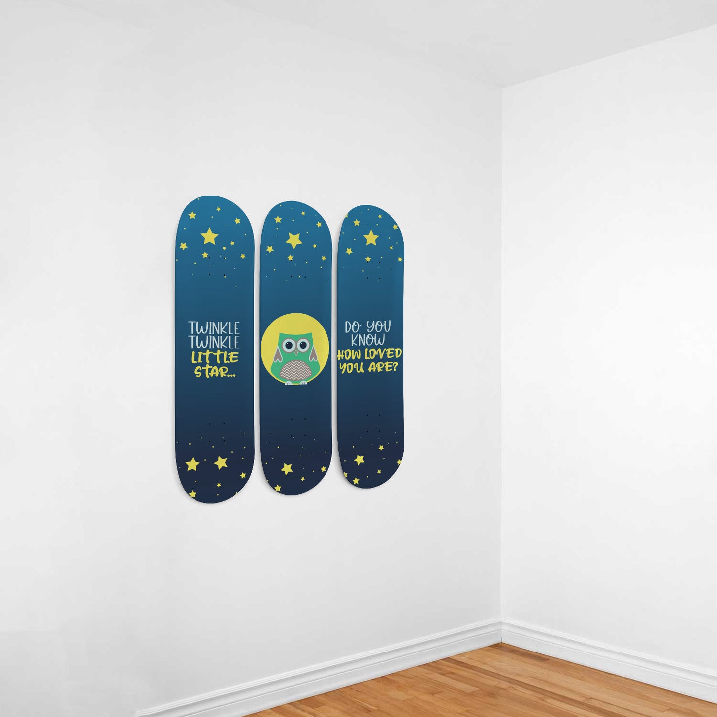 Midnight Owl - Twinkle Twinkle Little Star | Nursery Wall Art | 3 Piece Skateboard Wall Art, Deck Art | Wall Hanging Decor | Custom Printed Wall Art