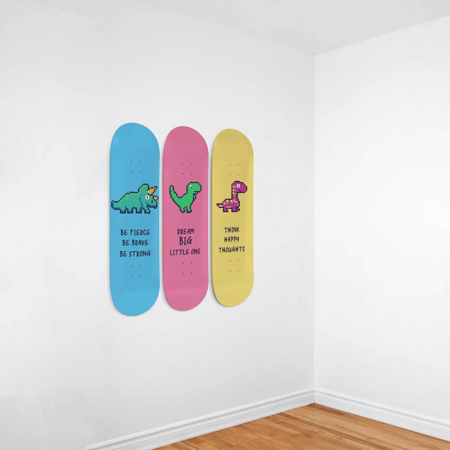 Rhino & Dinos | Nursery Wall Art | 3 Piece Skateboard Wall Art, Deck Art | Wall Hanging Decor | Custom Printed Wall Art