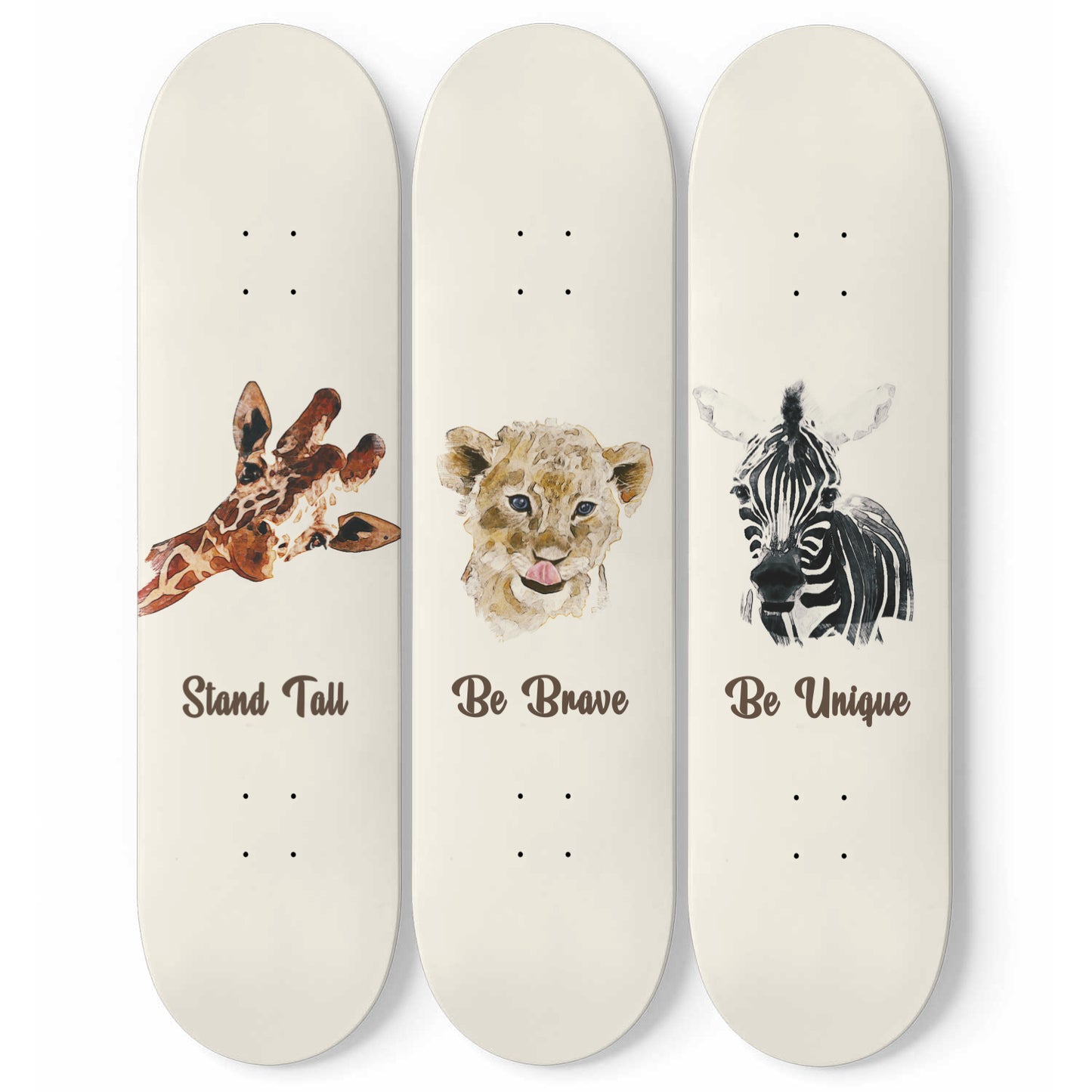 Giraffe, Tiger & Zebra - Stand Tall, Be Brave & Be Unique | Nursery Wall Art | 3 Piece Skateboard Wall Art, Deck Art | Wall Hanging Decor | Custom Printed Wall Art