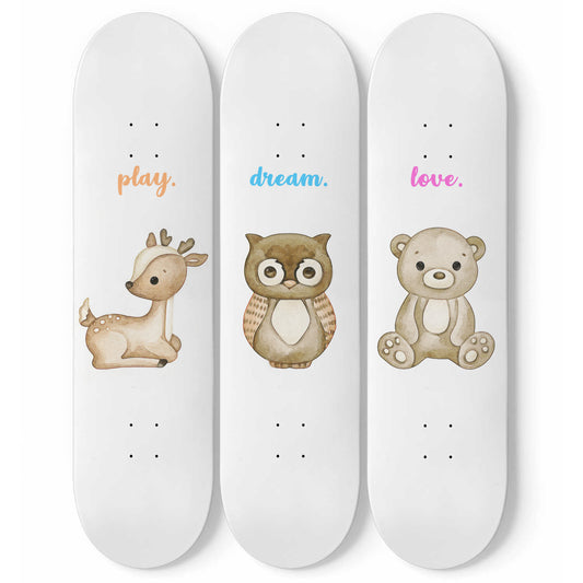 Deer, Owl & Bear - Play, Dream & Love | Nursery Wall Art | 3 Piece Skateboard Wall Art, Deck Art | Wall Hanging Decor | Custom Printed Wall Art