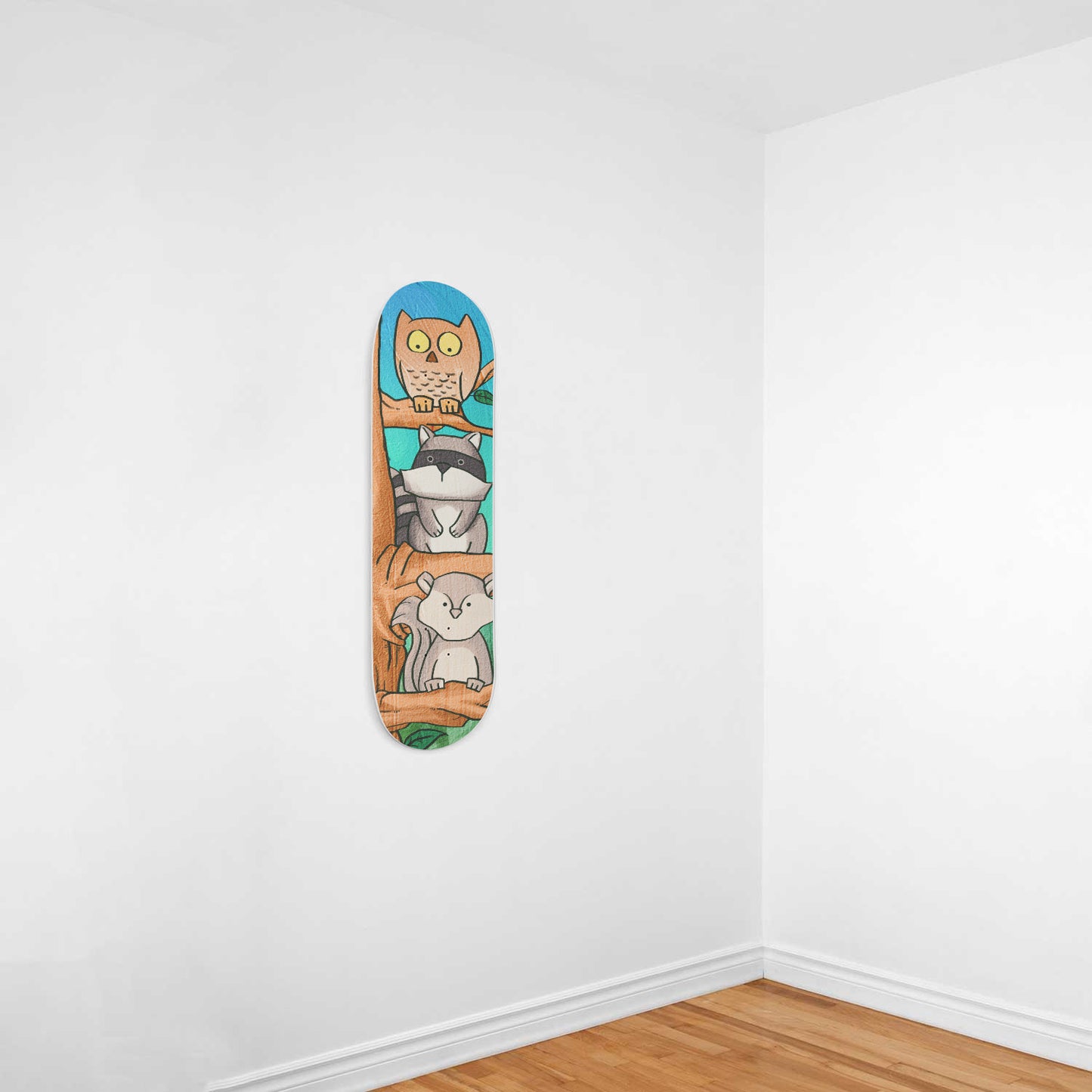 Woodland Animals - Owl, Raccoon & Monkey | Nursery Wall Art | 1 Piece Skateboard Wall Art, Deck Art | Wall Hanging Decor | Custom Printed Wall Art
