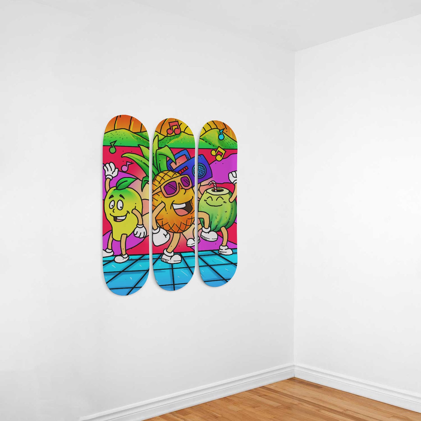 Tropical Party - Vibrant Doodles Wall Art | 3 Piece Skateboard Wall Art, Deck Art | Wall Hanging Decor | Custom Printed Wall Art
