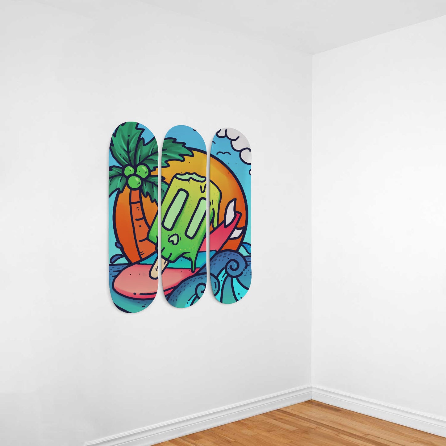 Chill Summer - Vibrant Doodles Wall Art | 3 Piece Skateboard Wall Art, Deck Art | Wall Hanging Decor | Custom Printed Wall Art
