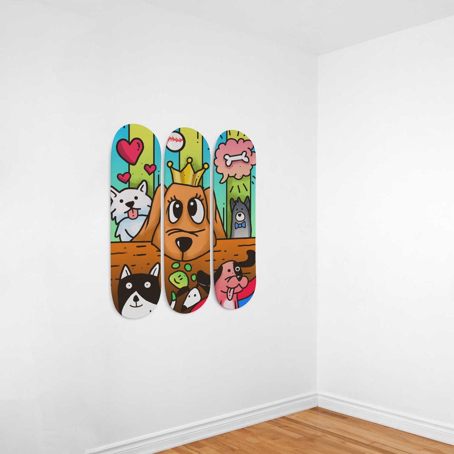 Dog Lover - Vibrant Doodles Wall Art | 3 Piece Skateboard Wall Art, Deck Art | Wall Hanging Decor | Custom Printed Wall Art