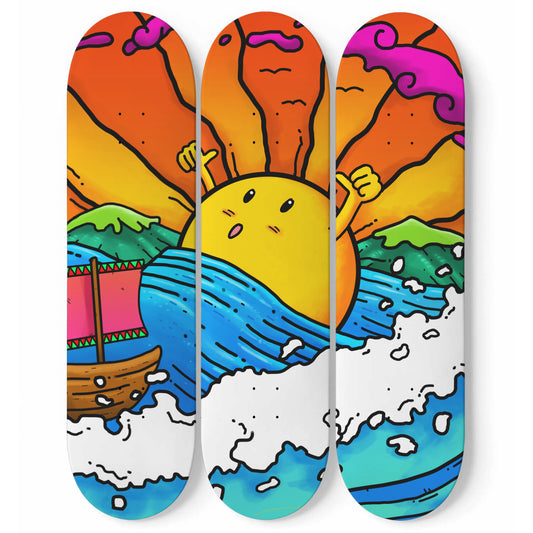 Good Morning Sunshine - Vibrant Doodles Wall Art | 3 Piece Skateboard Wall Art, Deck Art | Wall Hanging Decor | Custom Printed Wall Art