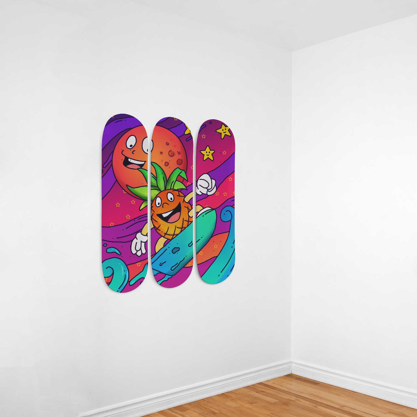 Midnight Surfer - Vibrant Doodles Wall Art | 3 Piece Skateboard Wall Art, Deck Art | Wall Hanging Decor | Custom Printed Wall Art