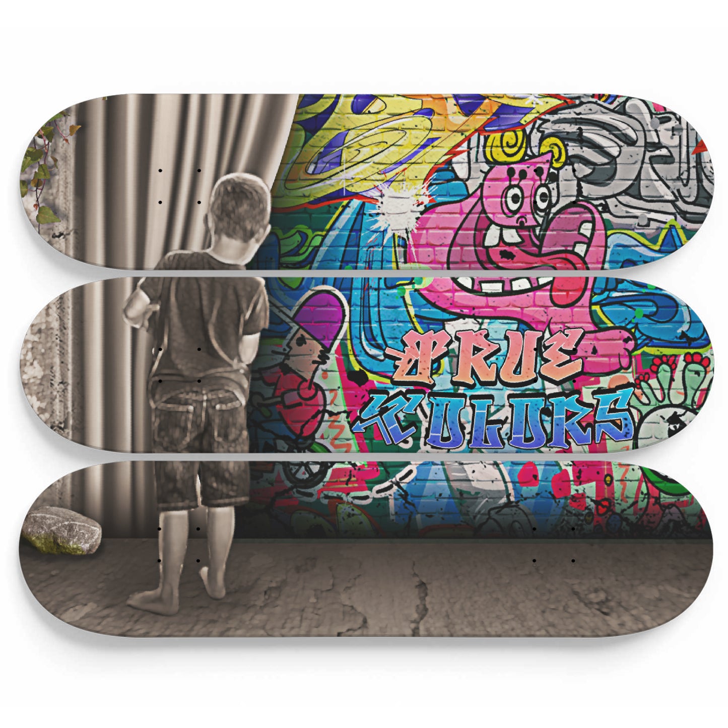 The Boy Looking Behind The Curtain | 3 - Piece Skateboard Wall Art, Banksy Behind The Curtain, Martin Watson Wall Decor