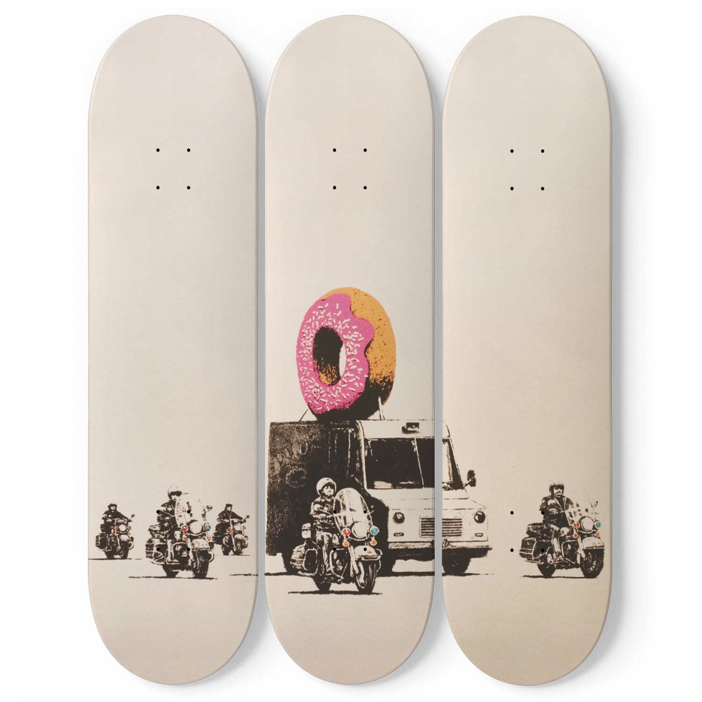 Banksy Donut Truck | 3 - Piece Skateboard Wall Art, Banksy Print Home Decor, Home Office Maple Wood Skate Deck Art