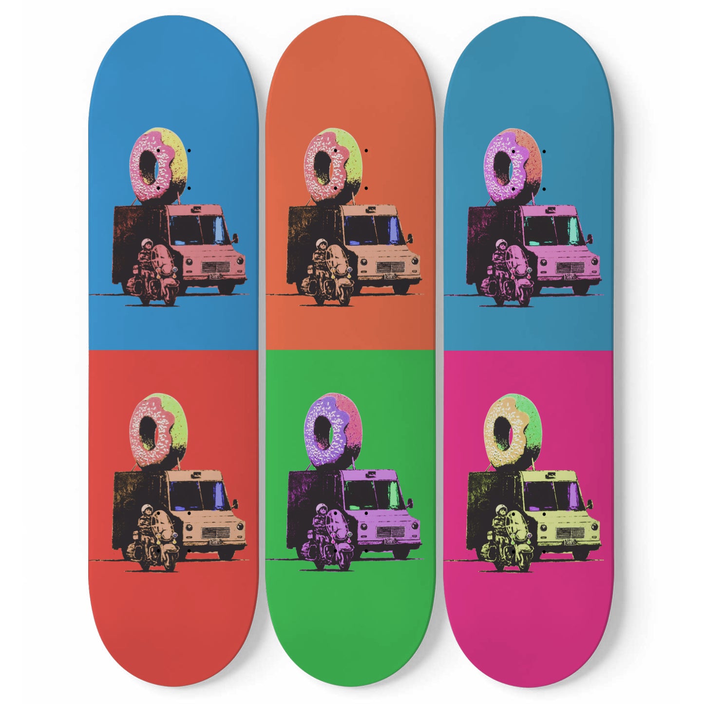 Colorful Banksy Donut Truck Print | 3 - Piece Skateboard Art, Banksy Wall Art, Home/Office Skate Deck Art