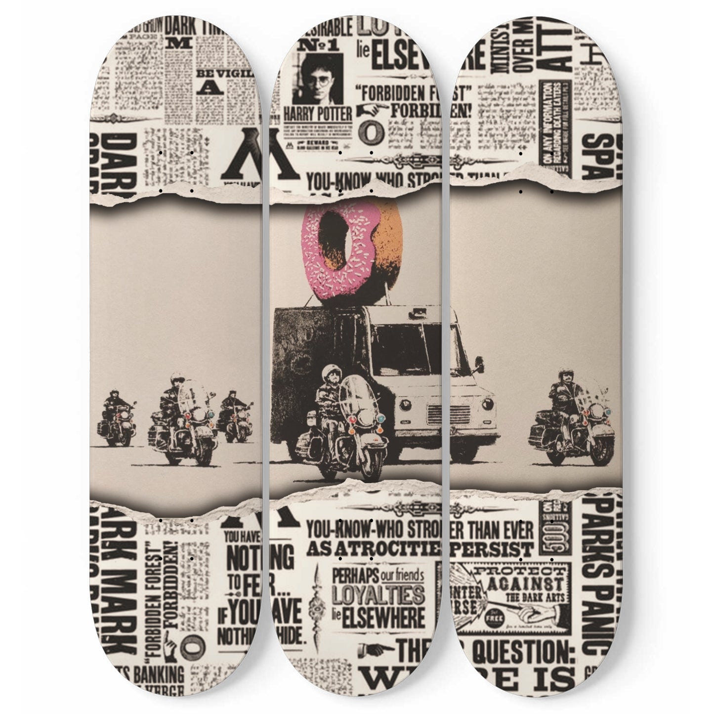 Banksy - Donut Truck With Escort | 3 - Piece Skateboard Wall Art, Donut Truck Office/ Gameroom Wall Print