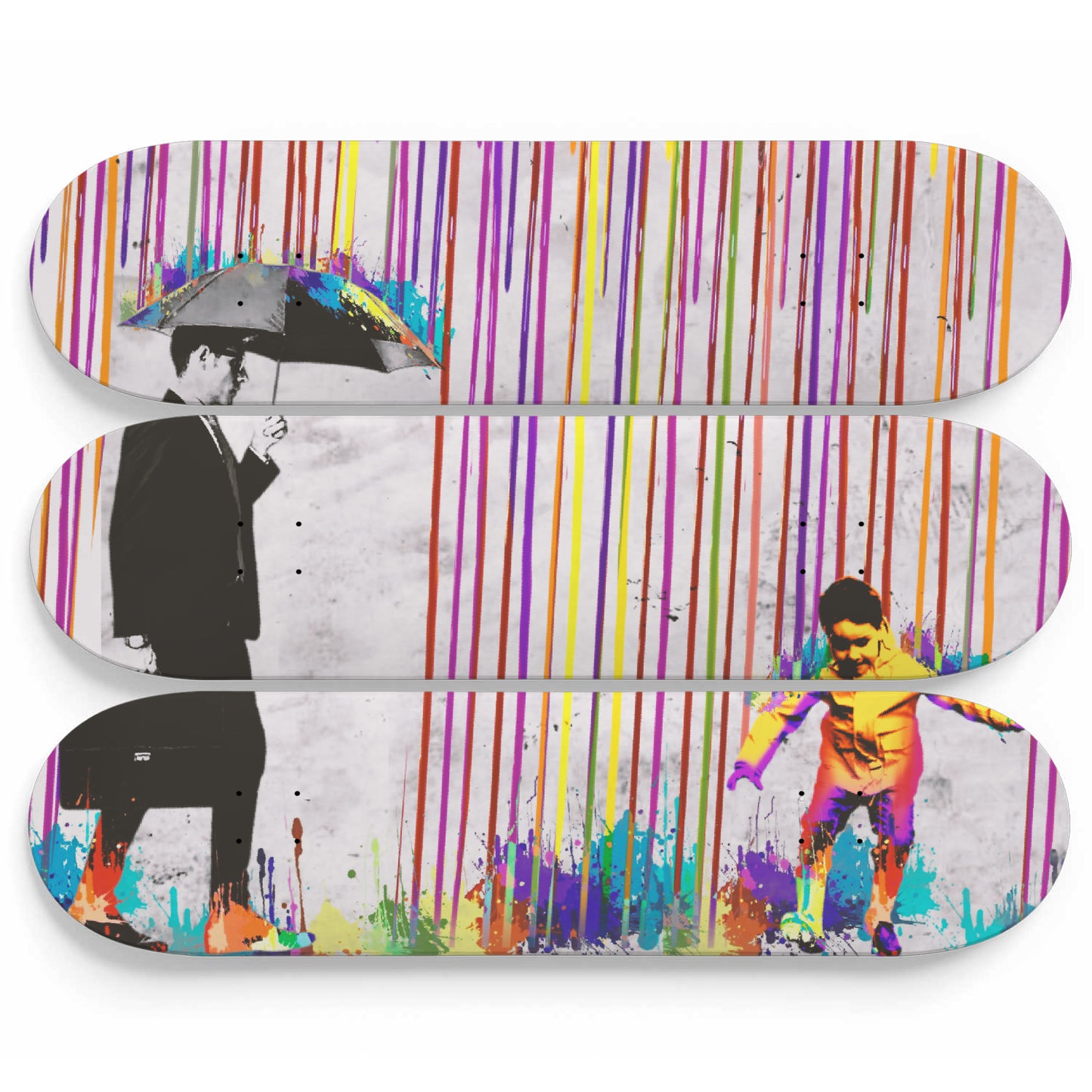 Banksy Rainbow Rain | 3 - Piece Skateboard Wall Art, Banksy Style Color Rain, Maple Wood Skateboard Art - Home Decor