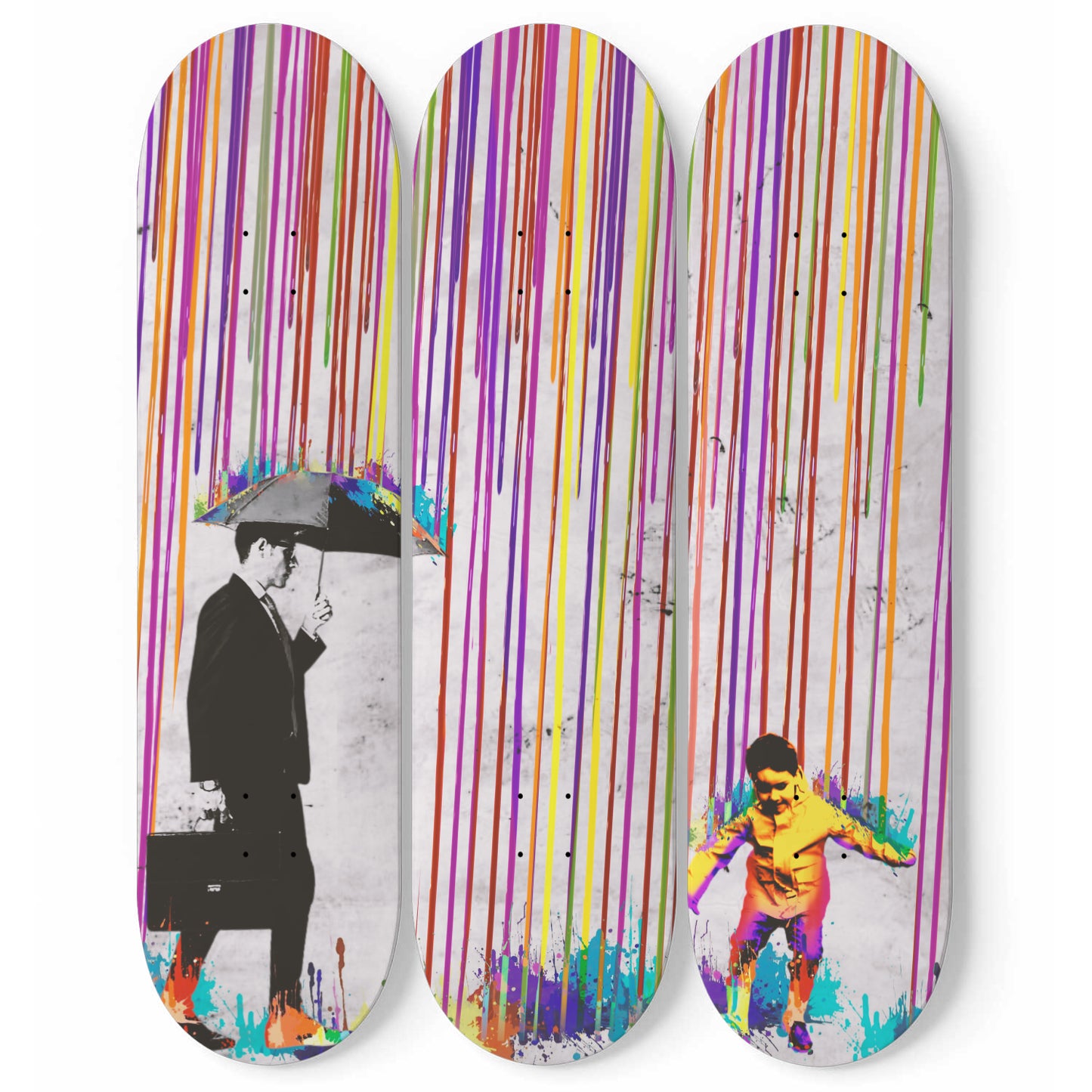 Banksy Color Rain Skateboard Art, Banksy Wall Decor Color Rain Art Pop Art | 3- Set Skate Deck Art - Office/Home Decor