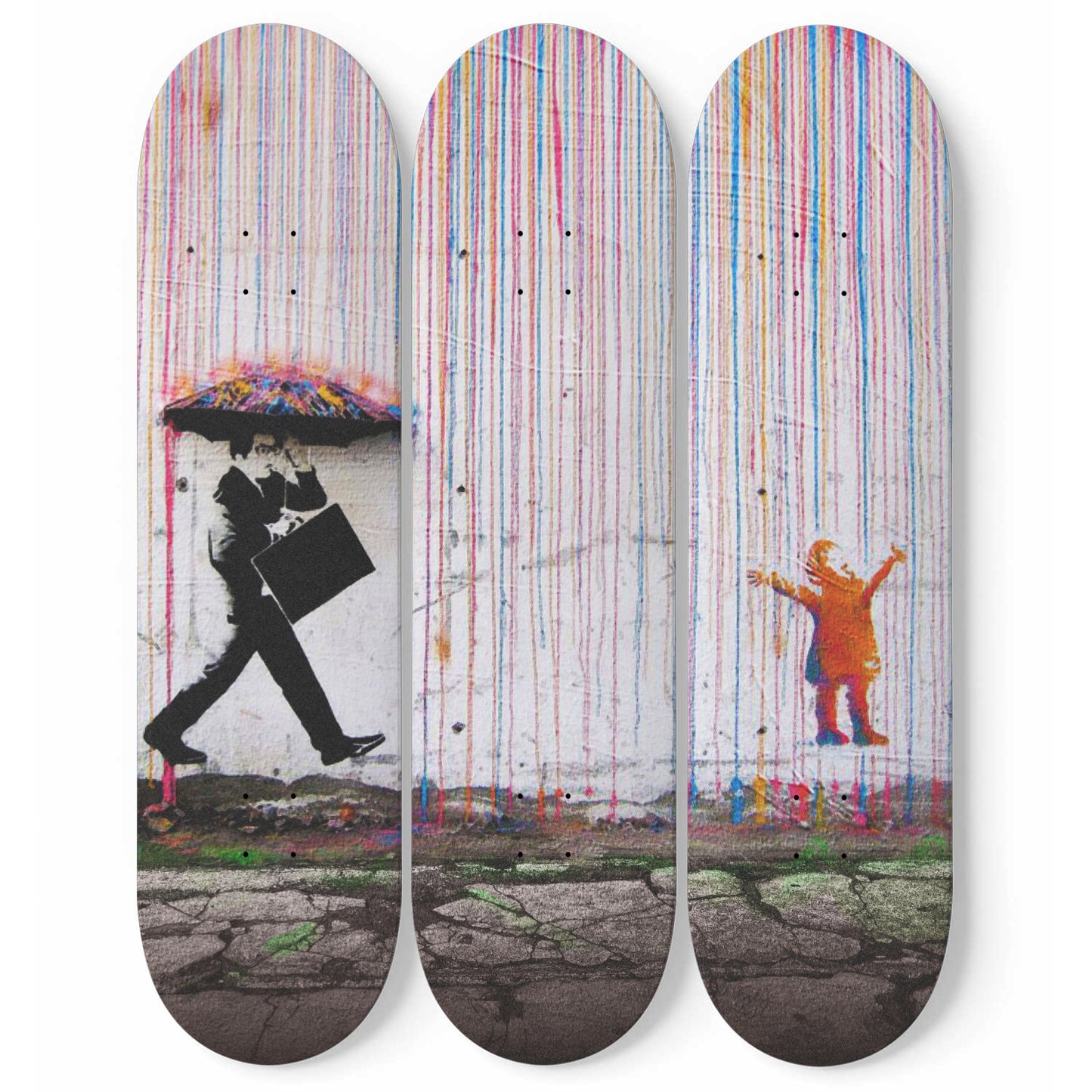 Banksy Rainbow Rain - 3 Piece Skateboard Art, Banksy Street Art, Maple Wood Wall Mount Hanging