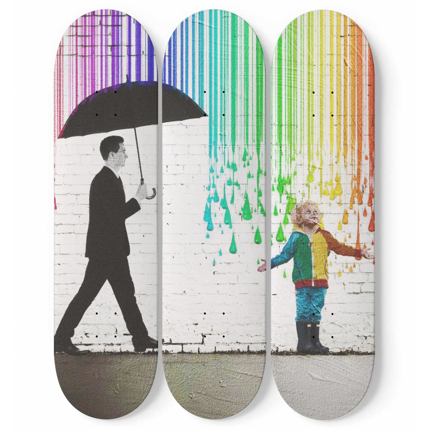 Banksy Color Rain Style Wall Art | 3 - Set Skateboard Wall Art, Maple Wood Mount Wall Hanging, Rainbow Rain Wall Art