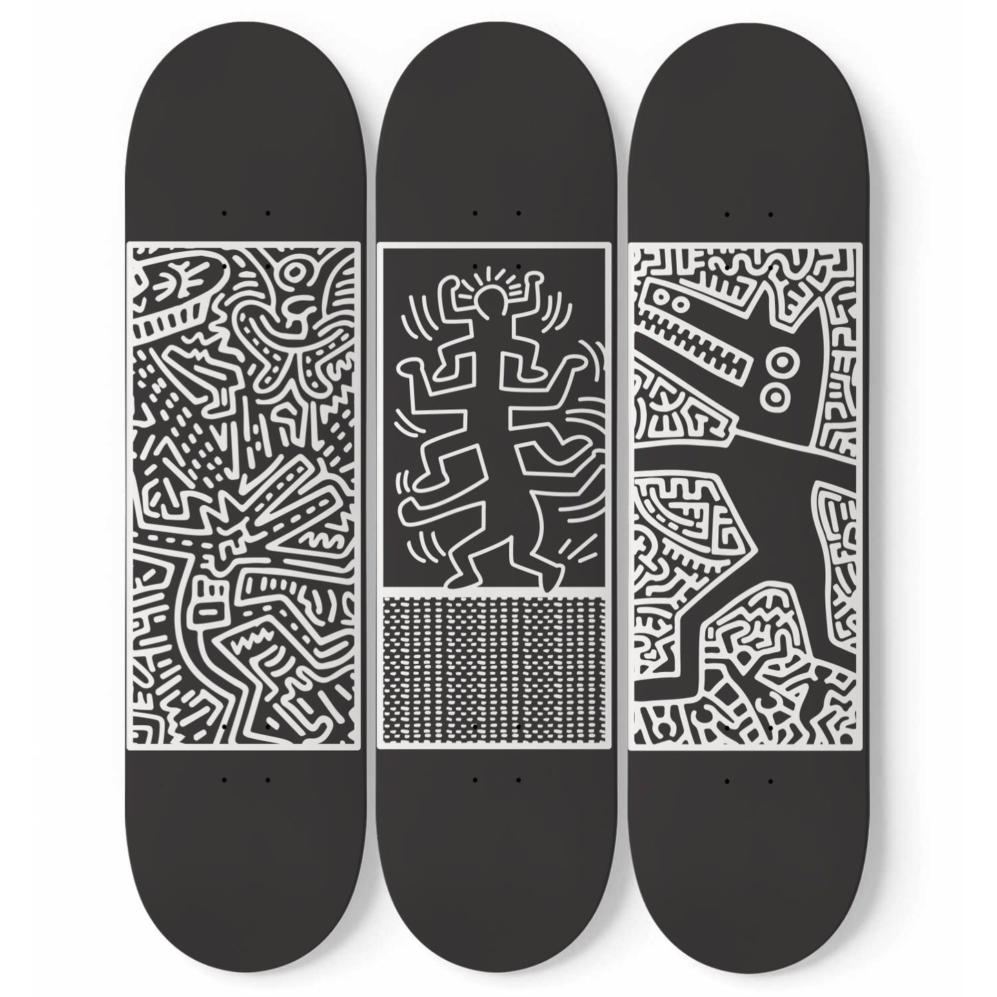 Keith Haring Black And White Edition Retrospect Art | 3- Set Skateboard Wall Art, Maple Wood Mount Wall Hanging, Living Room Decor