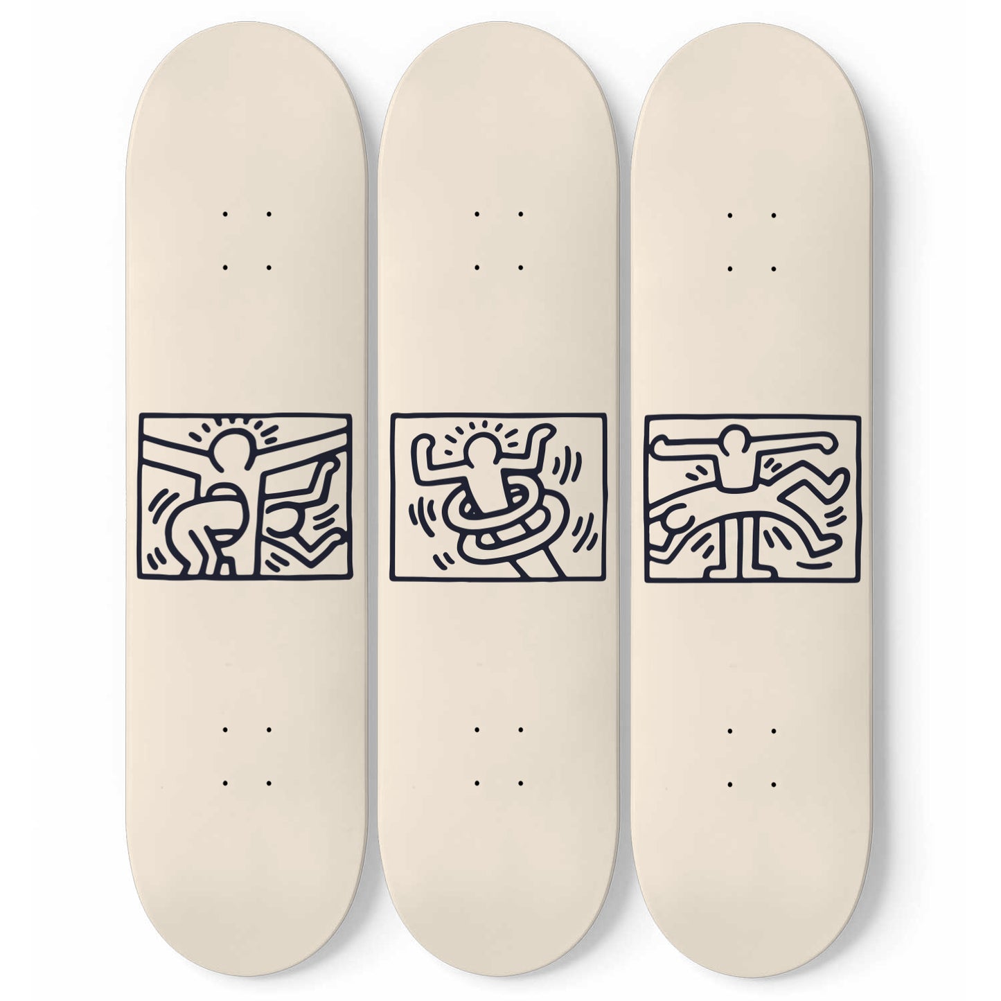 Keith Haring Dancing Man Inspired Art | 3 - Set Skateboard Wall Art, Mural Deck Wall Decor, Pro- Grade Maple Wood Wall Hanging