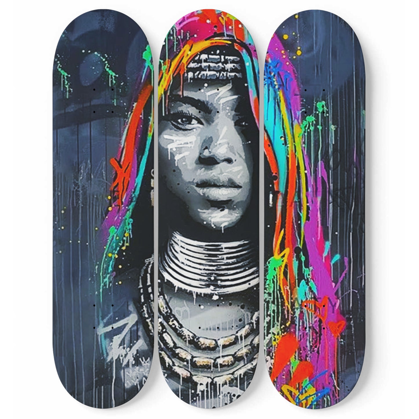 Ethnic Woman Print | 3 - Piece Skateboard Wall Art, African Woman With Colorful Hair, Pro - Grade Maple Wood Wall Mount Hanging