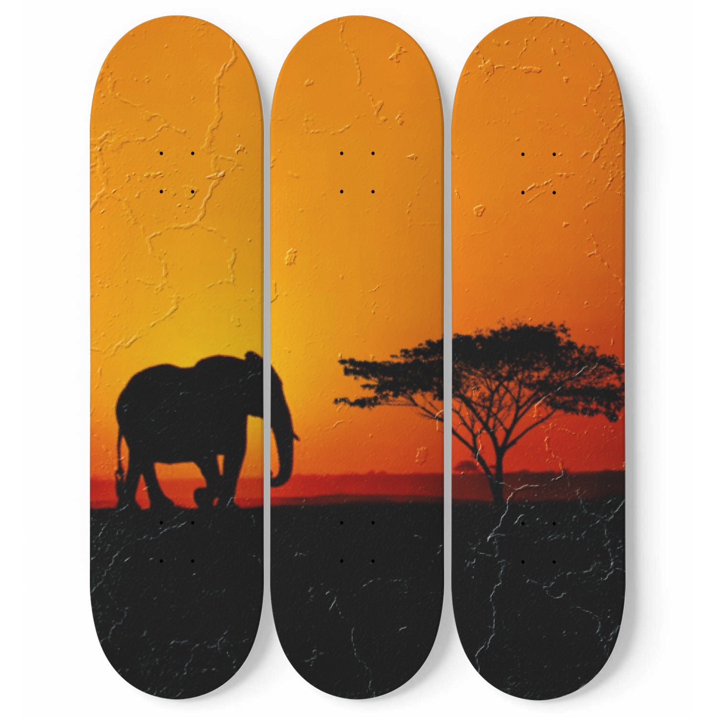 African Elephant Sunset Wall Art | 3 - Piece Skate Deck Art, Elephant Art Print, Pro - Grade Maple Wood Wall Mount Hanging
