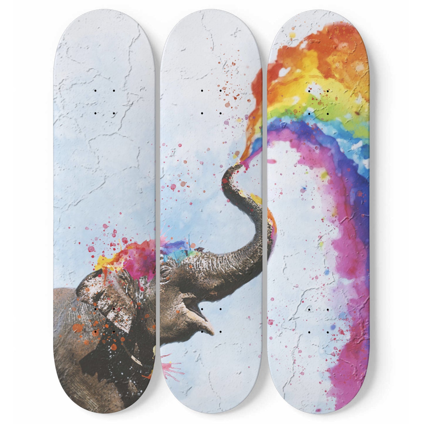 Elephant Watercolor Rainbow Wall Print | 3 - Piece Skateboard Wall Art, Elephant Color Rainbow Skate Deck Art - Maple Wood Skateboards