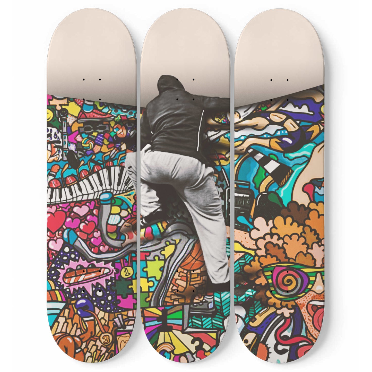 Banksy Art, Man Jumping In Colorful Curtain | 3 - Set Skate Deck Art, Banksy Grafitti Wall Hanging, Pro - Grade Maple Wood Wall Art