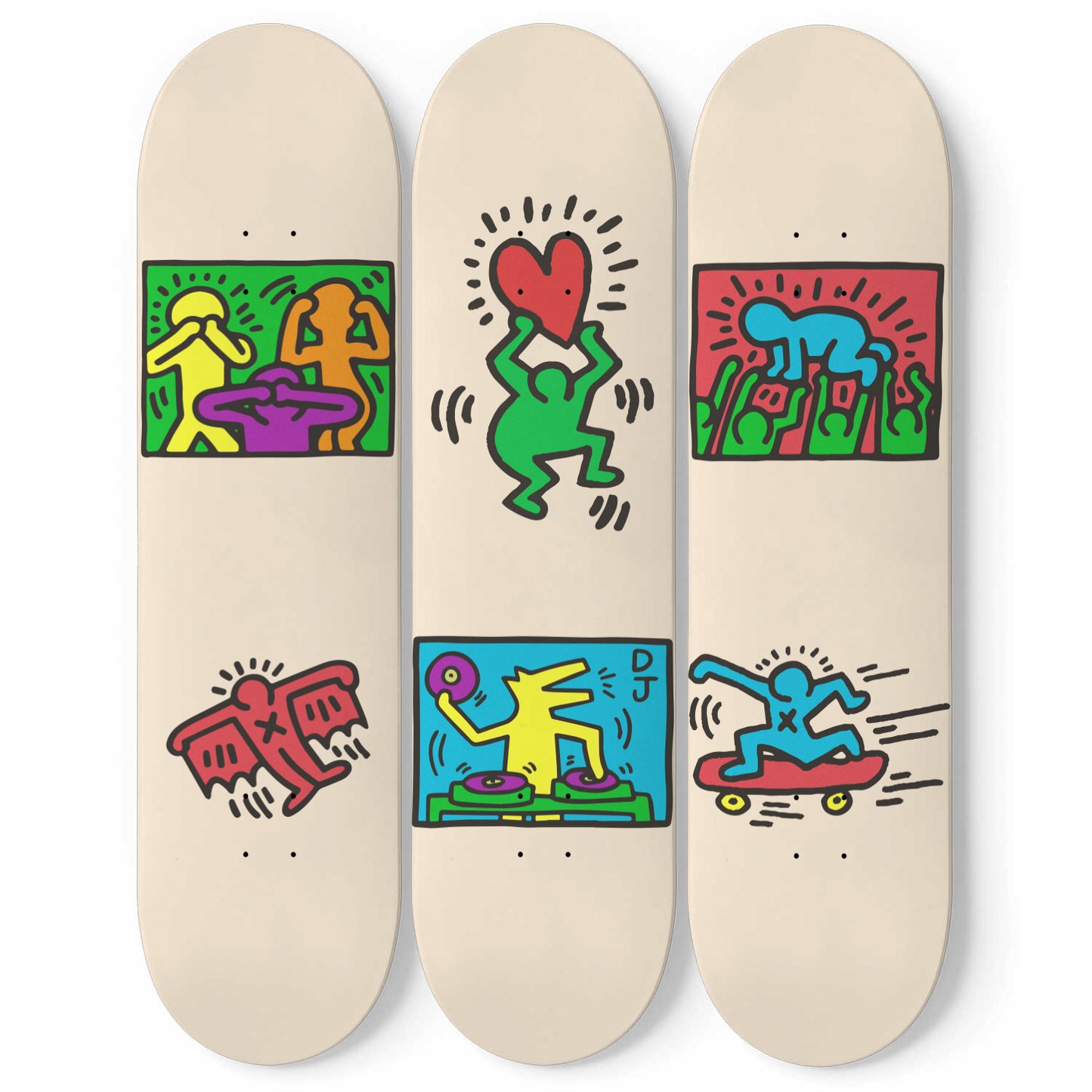 Keith Haring Skateboard Art - 3 Set Skate Deck Art, Maple Wood Wall Hanging