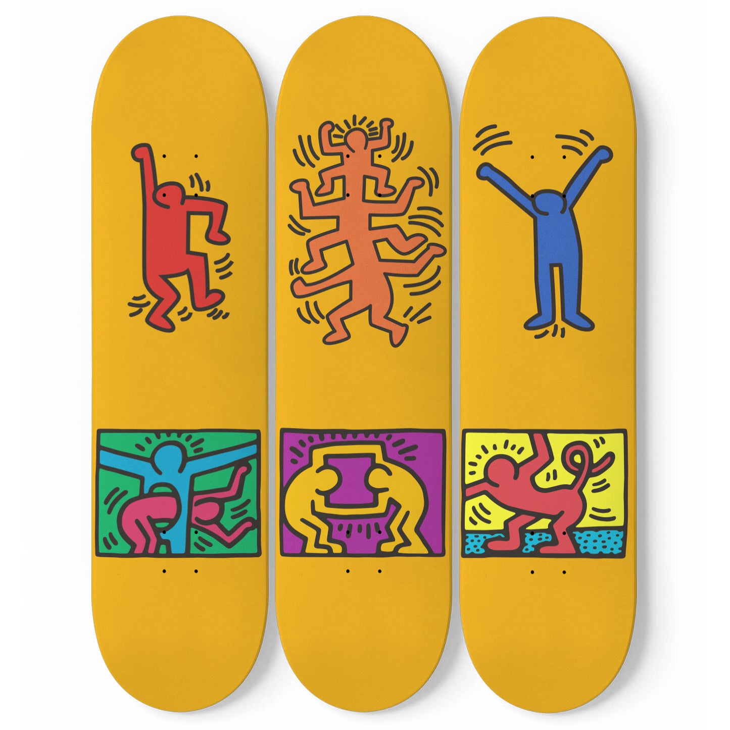 Keith Haring Print Wall Art | 3 - Set Skateboard Art, Keith Haring Wall Art Mural, Home Decor