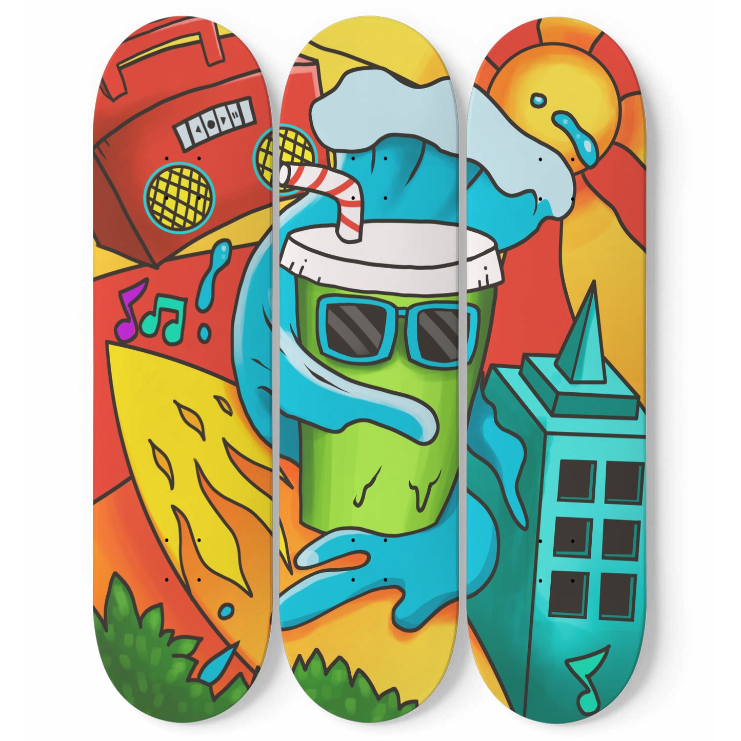 Chillin' Out Of Summer Doodle - 3 Piece Skateboard Wall Art, Summer Doodle Maple Wood Hanging, Living Room/ Game Room Wall Decor