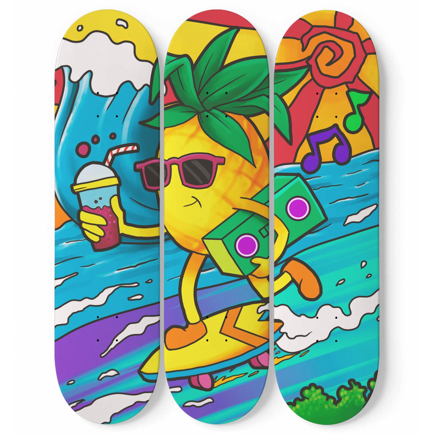 Summer Pineapple Surfer Doodles | 3 - Piece Skateboard Wall Art, Summe