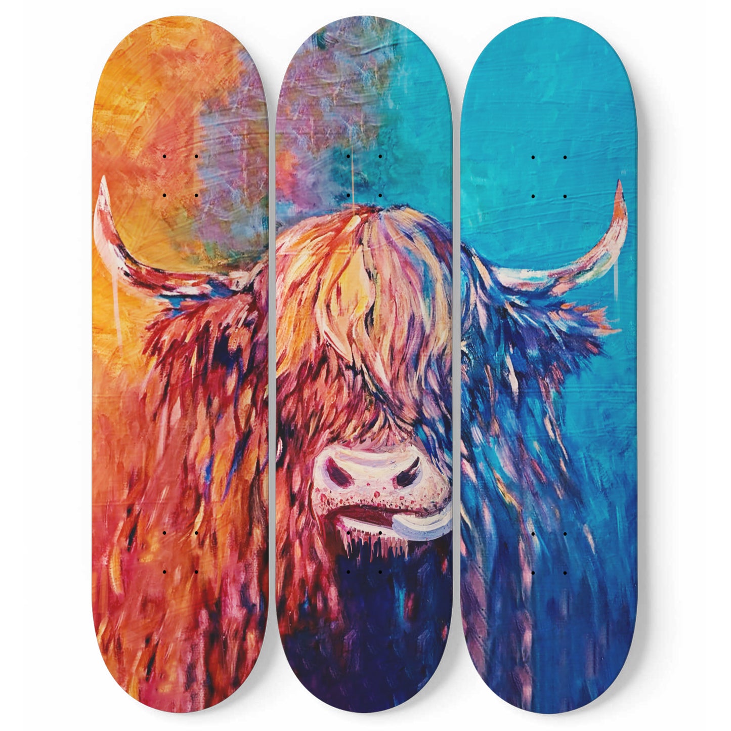 Highland Scottish Cow Wall Art Print |  3 - Piece Skateboard Wall Art, Highland Cow Print, Home/Office Wall Art Decor