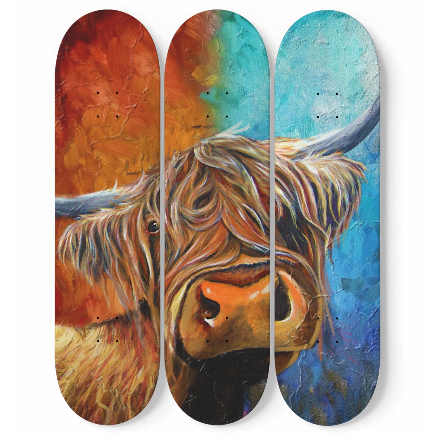 A Bad Hair Day Highland Cow Print | 3 - Piece Skateboard Wall Art, Highland Cow Pop Art Print, Living Room Wall Decor, New Home Gift