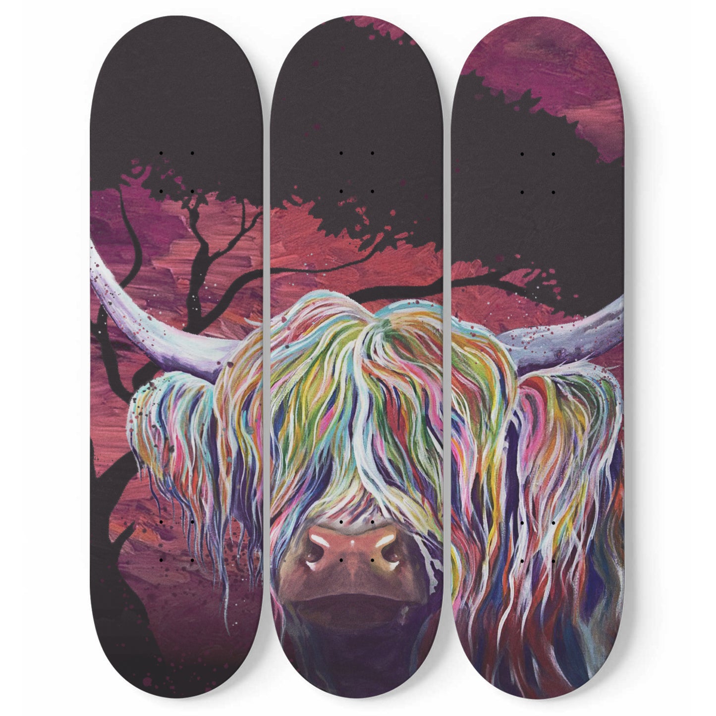 Funky Abstract Colourful Highland Cow | 3 - Piece Skateboard Wall Art, Highland Cow Print, Custom Printed Wall Art