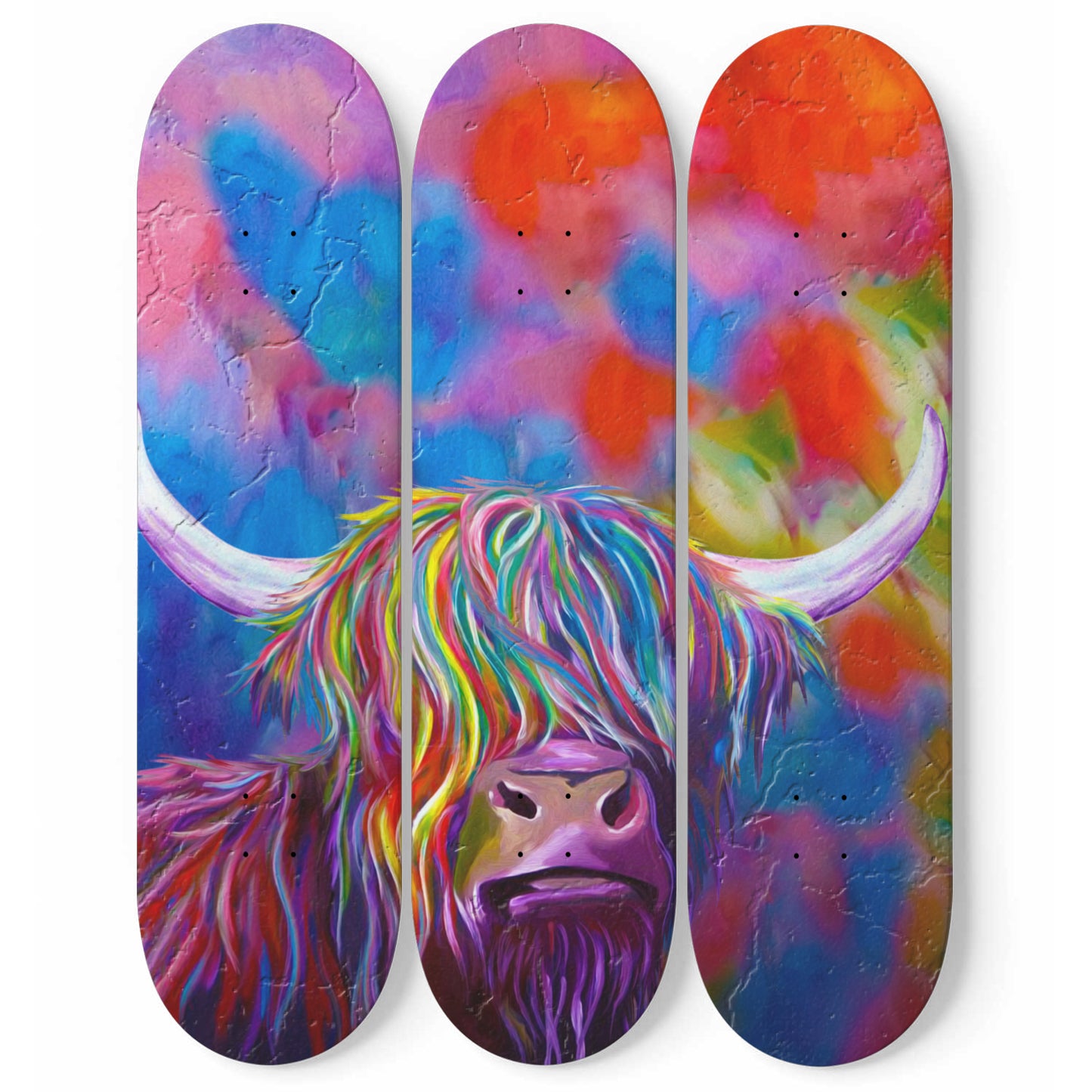Gorgeous Colourful Highland Cow Face Wall Art | 3 - Piece Skateboard Wall Art, Highland Cow Print, Retro Wall Hanging Art