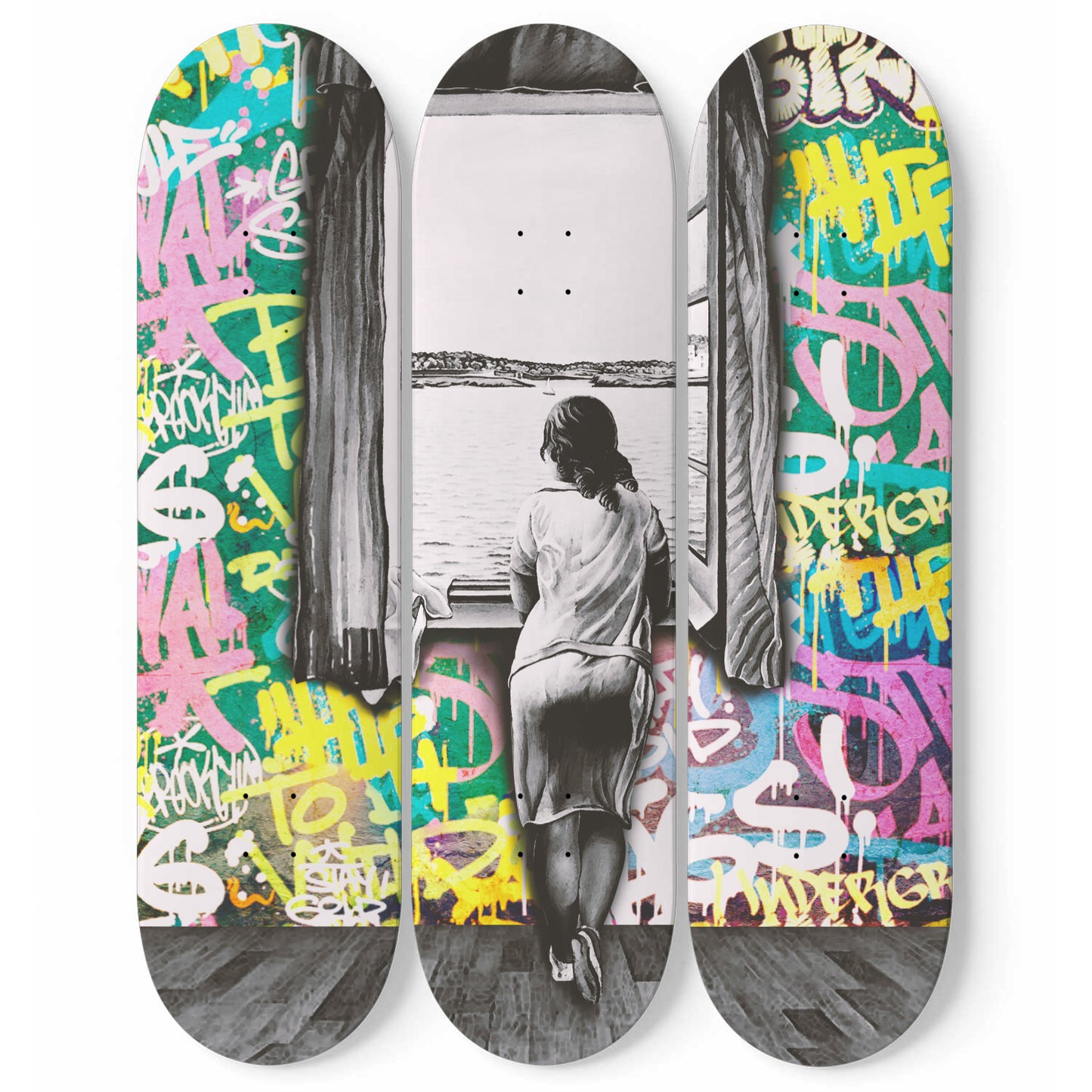 Banksy Woman Window Edge Graffiti Art | 3 - Set Skateboard Wall Art, Pro - Grade Maple Wood Wall Hanging Street Pop Art