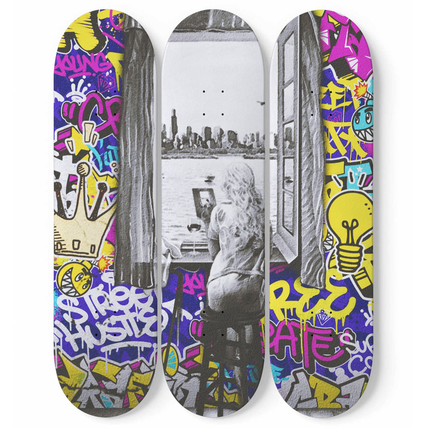 Banksy Woman In The Window Street Art | 3 - Set Skate Deck Art, Woman Window Edge, Office/Game Room Wall Decor