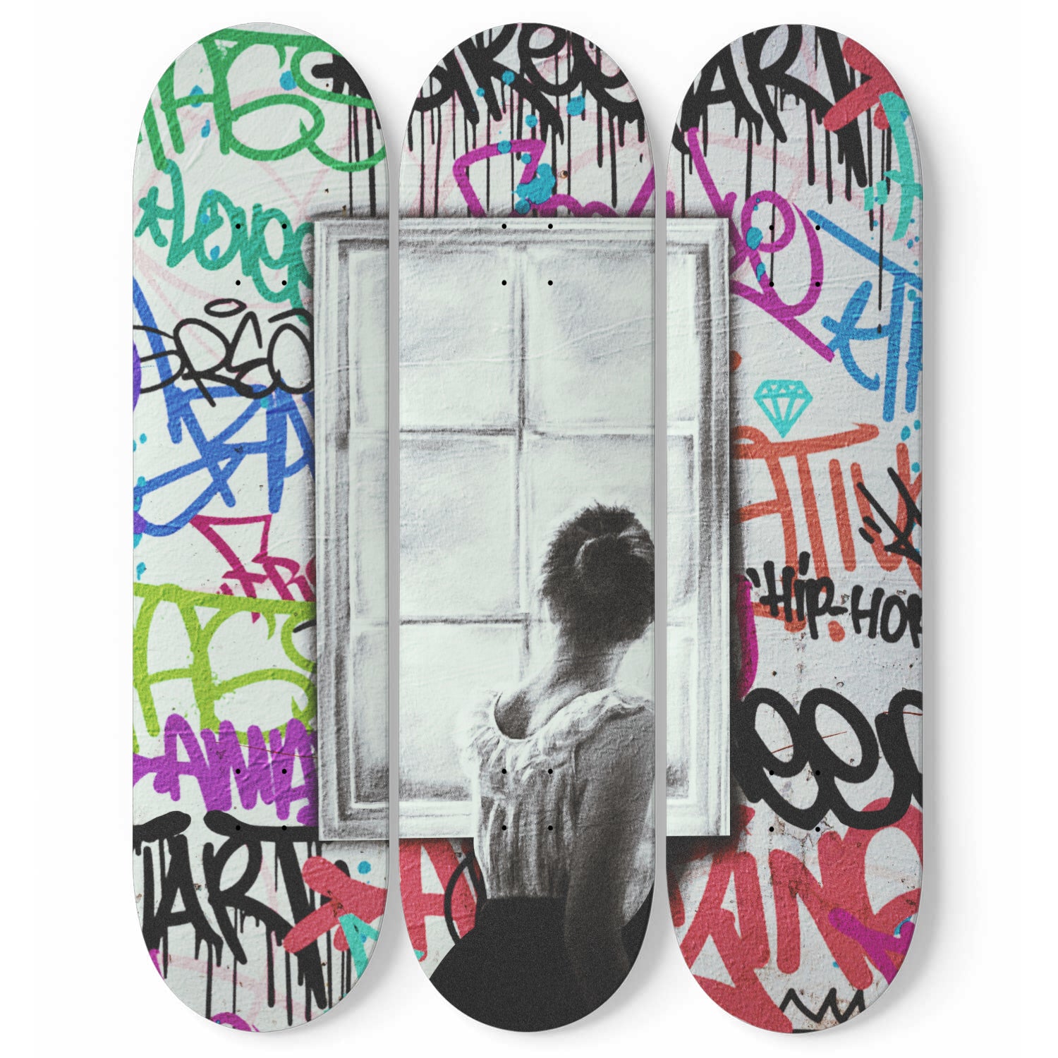 Banksy Woman Window Edge Wall Art | 3 - Piece Skateboard Wall Art, Graffiti Pop Art, Pro-Grade Maple wood Wall Hanging Art