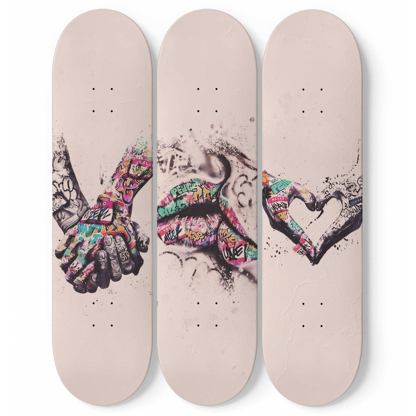 Banksy Style Love And Kissing Wall Art | 3 - Piece Skate Deck Art, Graffiti Street Mural Print, Pro-Grade Maple Wood Wall Decor