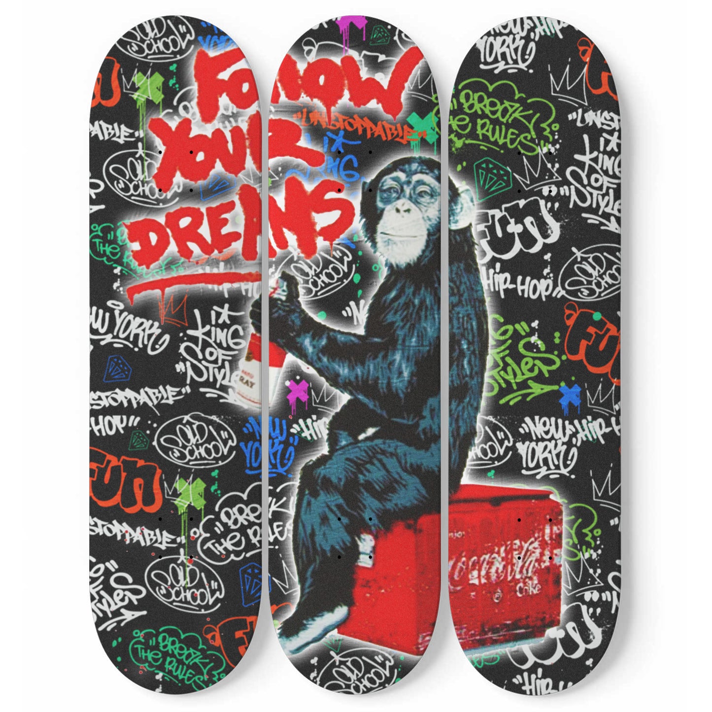 Banksy Follow Your Dreams Graffiti Skateboard Wall Art Gallery wrapped Maple Wood Ready To Hang