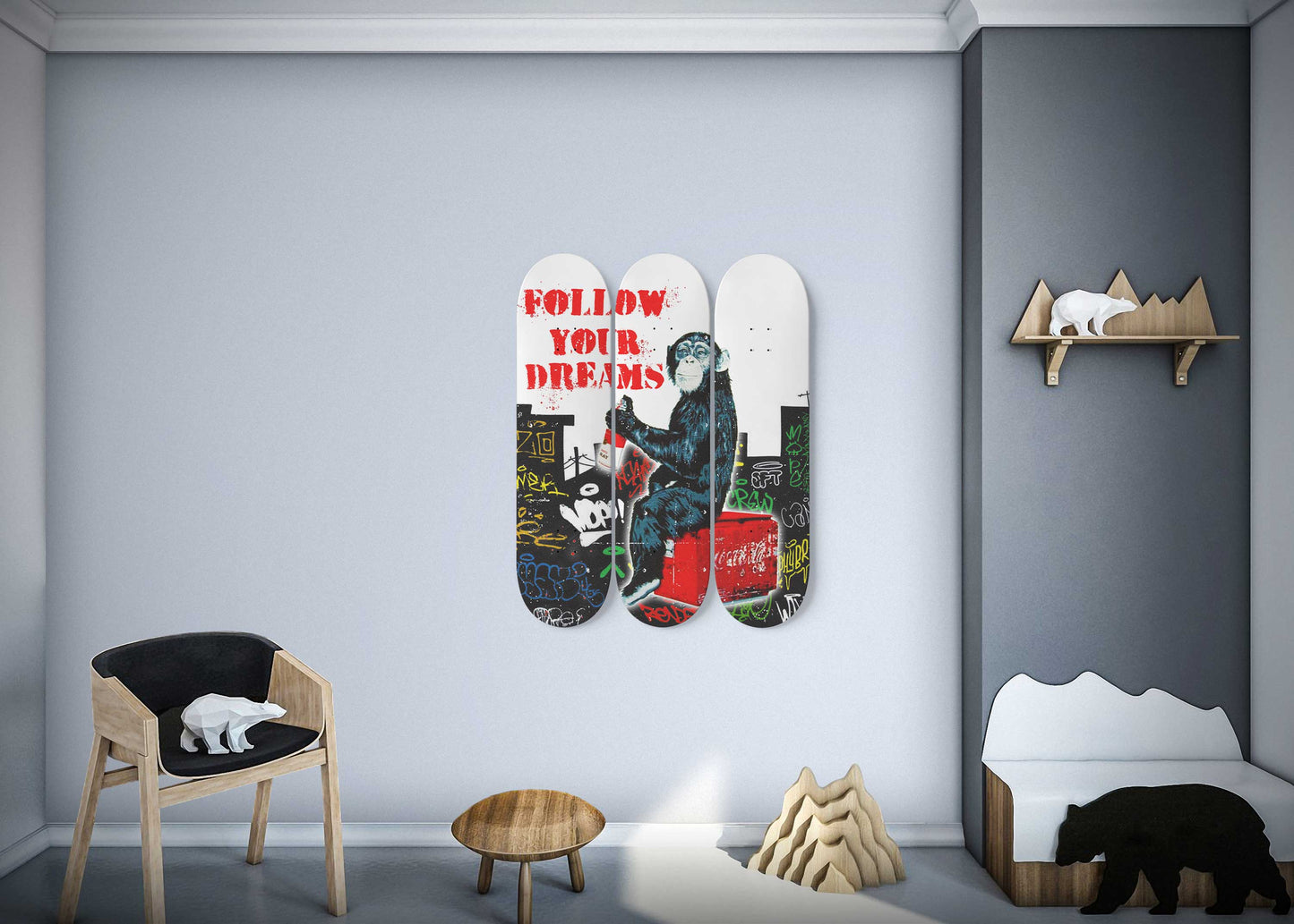 Banksy Artist Monkey Graffiti Skate Deck Art Follow Your Dreams Wall Art Monkey Graffiti Skateboard Print Banksy Monkey Ready To Hang Sign