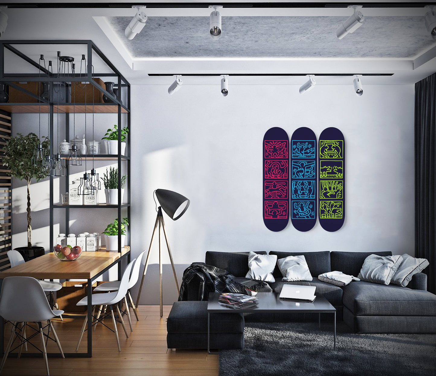 Keith Haring - 1989 Retrospect 3 Neo Colours Design Art - 3 Piece Skateboard Wall Art