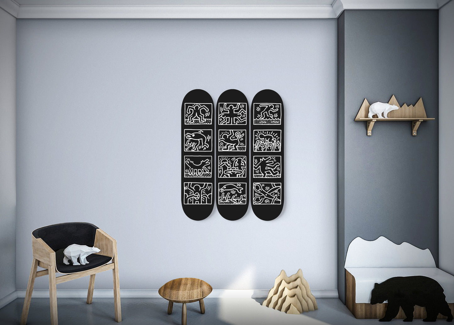 Keith Haring - 1989 Retrospect Black and White Edition - 3 Piece Skateboard Wall Art